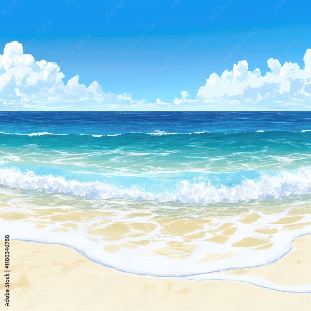 Poster a painting of a calm beach with waves gently crashing in