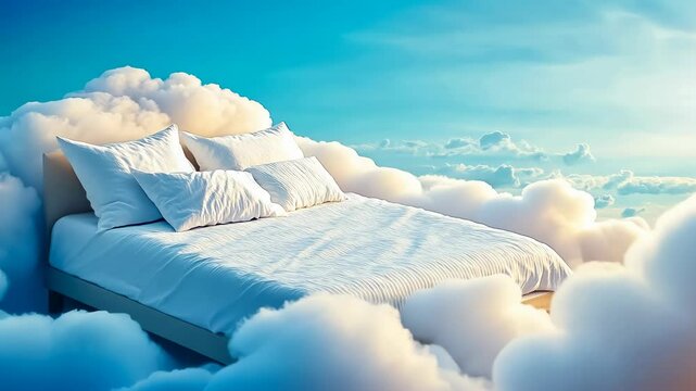 A visually evocative scene featuring an inviting bed nestled among fluffy clouds against a clear, serene sky, evoking notions of peace and relaxation. A dreamy and ethereal concept ideal for