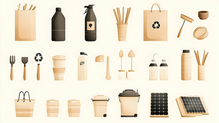 Eco-Friendly Disposable Alternatives Collection, illustrated, with solar panels in the background.