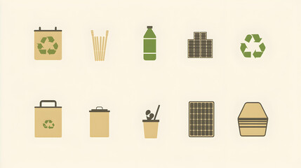 Recycling icons of disposable food items on a light background.