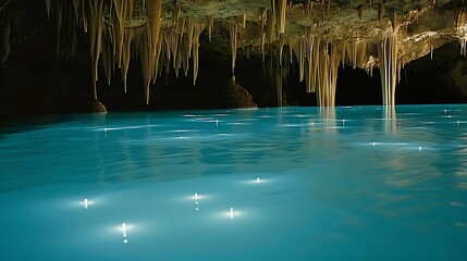 Stalactites hang over a tranquil underwater cave