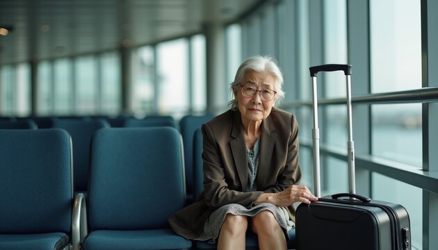 Elderly woman waiting in airport with suitcase, reflecting on her journey, surrounded by empty seats and large windows during afternoon light