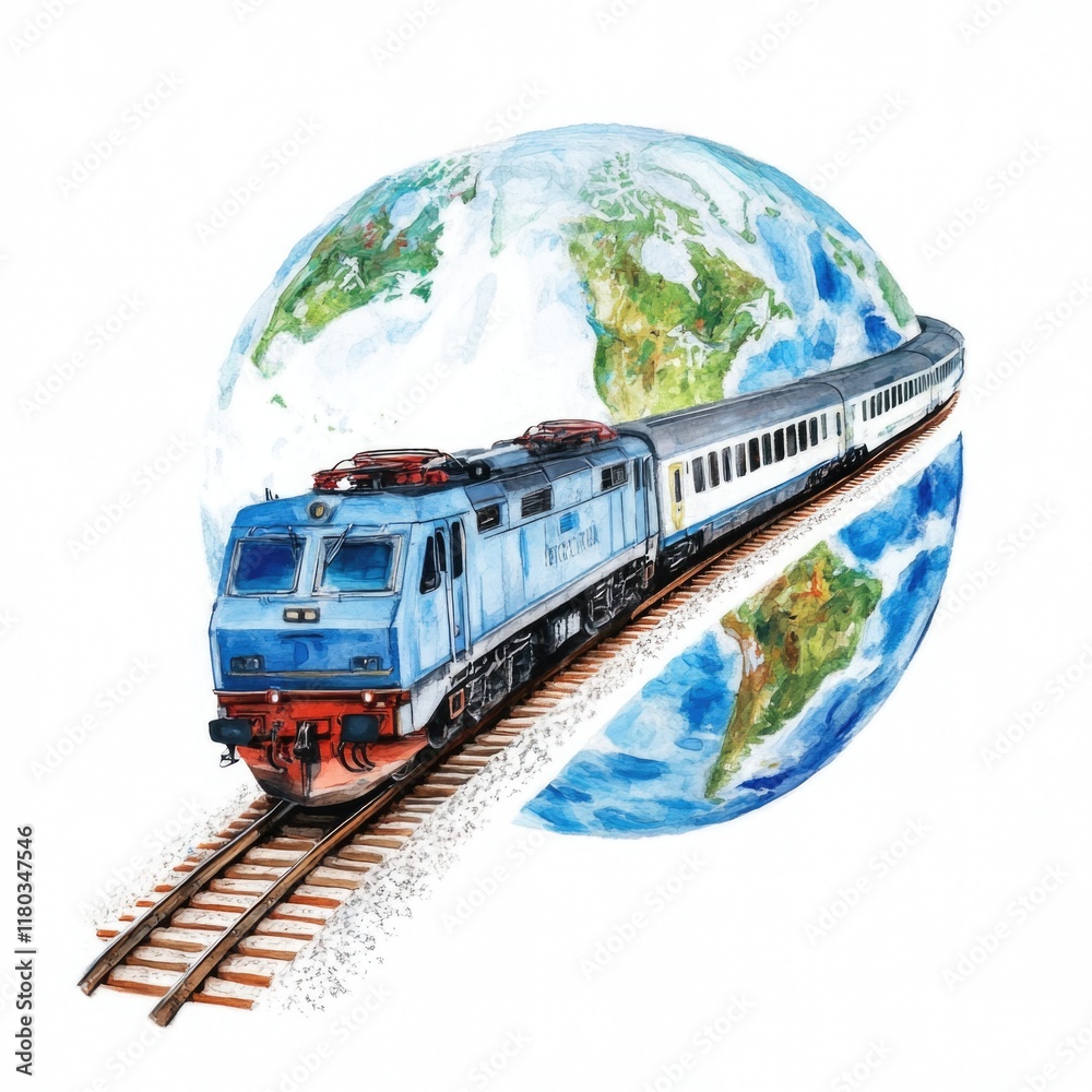 Poster a drawing of a train against the backdrop of the earth, suggesting a connection between transportati
