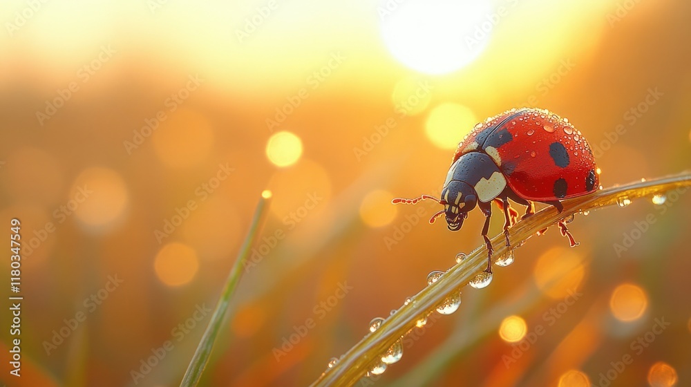 Poster a ladybug sits at the tip of a single grass blade