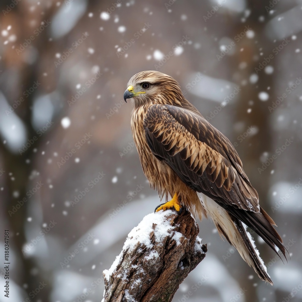 Aufkleber a bird of prey sits on a snowy branch, its feathers and surroundings covered in frost