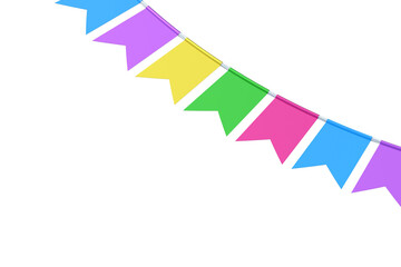 Obraz premium Flag garland for party isolated on white background. Bunting for celebration. Pennants hanging on rope. 3d render