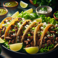 Yummy Carne Asada tacos with plenty of meant and veggie fillings, served with sauces and lime on the side