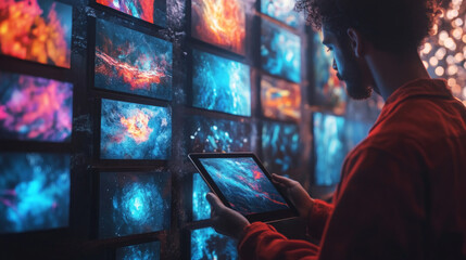 A person scrolling through a collection of NFT artworks on a tablet, with vivid digital art pieces displayed on the screen, in a modern home office