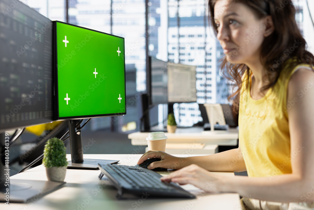 Poster woman testing and deploying machine learning programs and systems on isolated screen pc, solving tas