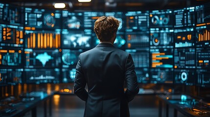 Smart logistics concept a businessman discussing partnership strategies with colleagues Digital screens showing global supply chain data CRM insights and HR recruitment trends in the background