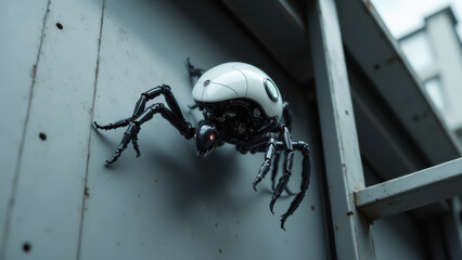 A robot perched on a metal structure with its arms outstretched.