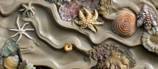 Obraz premium Close up of a sandy beach with seashells and starfish.