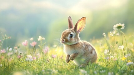 Fototapeta premium fluffy rabbit jumping through a wildflower meadow generative ai
