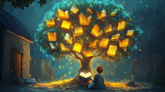 World Read Aloud Day A magical tree of illuminated books at night.