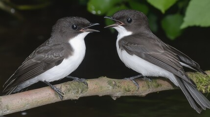 Fototapeta premium Two birds feeding, close-up on branch, nature scene.