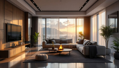 Modern japandi living room with large windows, a flat-screen tv, and a fireplace.