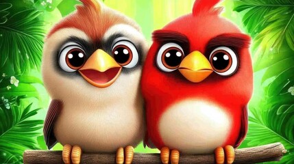 Fototapeta premium Two cartoon birds, tropical setting, happy expression, possible use for game imagery.