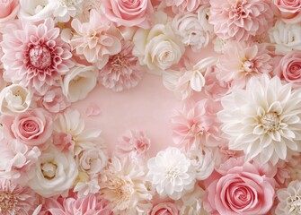 Spring floral frame border made of pink and white roses, peonies, and dahlia flowers on a pastel background with copy space for text. Flat lay, top view, high-definition image