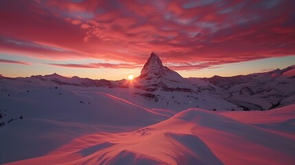 Breathtaking sunrise over majestic snow capped mountain peak surrounded by dramatic clouds