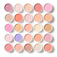 A vibrant array of cosmetic cream shades displayed in circular containers, showcasing a variety of pinks, nudes, and pastels.