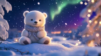 polar bear with a small knitted scarf, sitting in the snow with the northern lights in the background, generative ai