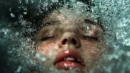 serene underwater portrait of person submerged in water, feeling supported and calm. bubbles create tranquil atmosphere