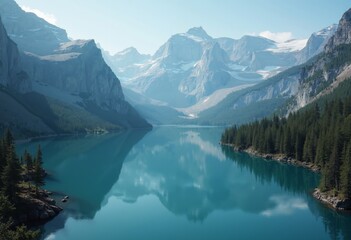 Majestic mountain landscape with tranquil lake reflecting the peaks under blue sky