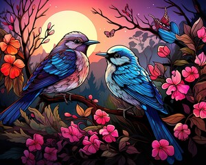 Fototapeta premium Two blue birds perched on a branch amidst blooming flowers under a twilight sky.