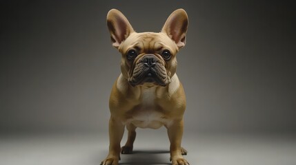 Obraz premium Portrait of a fawn french bulldog standing in front of a grey background