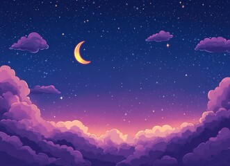 Starry sky with crescent moon and clouds, background with copy space. Starry night sky with cresmp sinister moon and glowing stars, celestial fantasy background. Abstract dreamy sky banner with blank