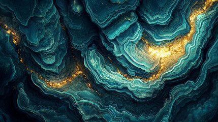 Teal and gold agate stone texture, intricate flowing layers with glowing accents, hyper-realistic stone formations 
