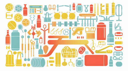 Colorful collection of fitness, leisure, and outdoor equipment icons.