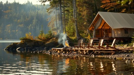 Fototapeta premium Cozy campfire in a serene forest perfect getaway with chairs, burning firewood, and tent
