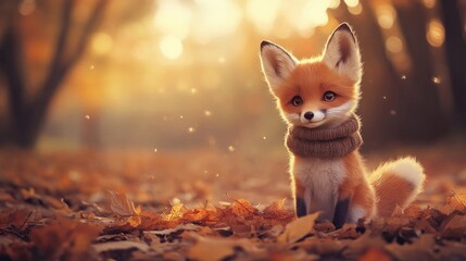 fox with oversized ears and a small scarf, sitting on autumn leaves, generative ai