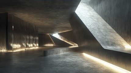 Abstract empty, modern concrete room with indirect lighting from right with diagonal pillar and rough floor - industrial interior background template
