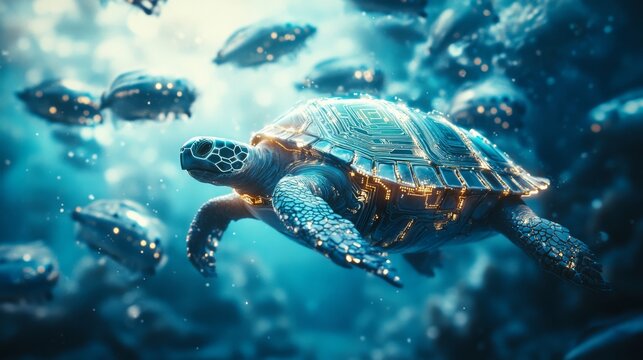A digital turtle swims through a high-tech ocean, its shell aglow with circuit-like patterns, merging nature with futuristic innovation.