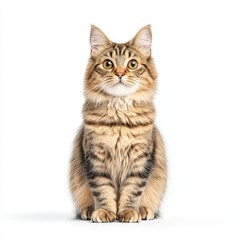 A beautiful domestic American Bobtail cat with a striped coat, seated gracefully against a plain background, showcasing its playful and curious nature.