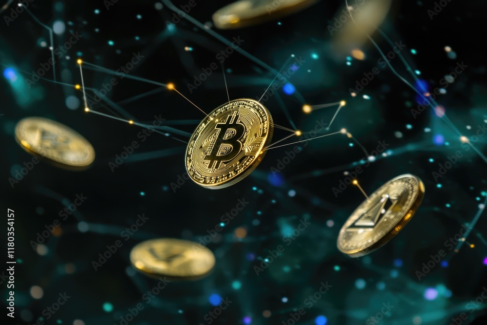 Poster a bunch of bitcoin cryptocurrency coins floating in the air, ideal for financial and tech-related co