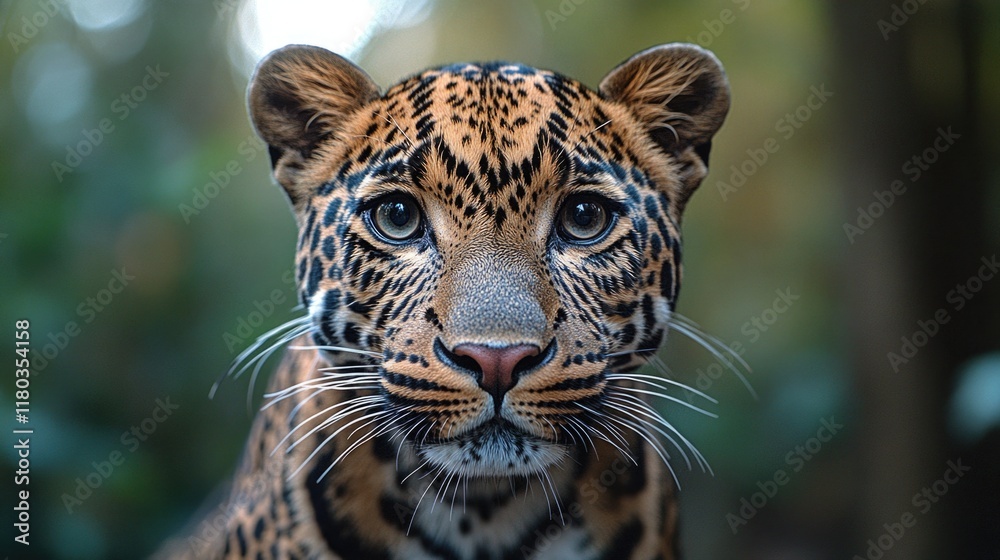 Poster close-up of a leopard's face with trees and foliage in the background, suitable for wildlife or natu