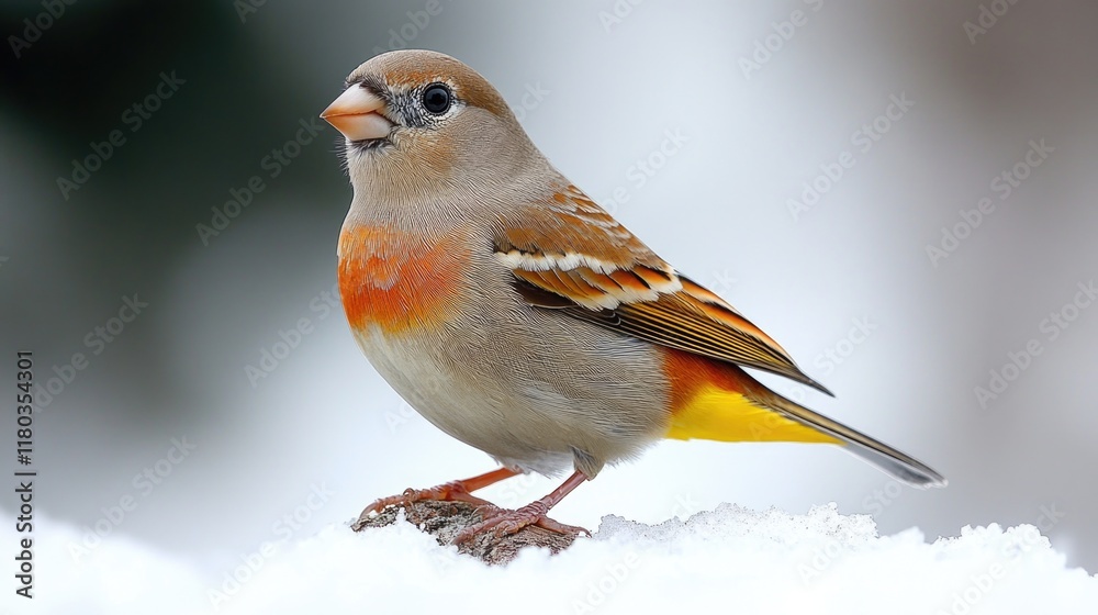 Poster a small bird perched on top of a pile of snow, possibly searching for food or taking shelter from th