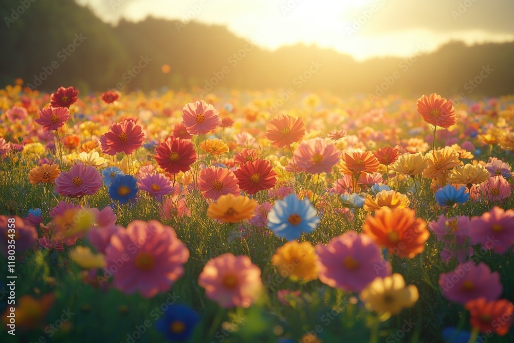 Aufkleber a serene scene featuring a field of blooming flowers with the sun setting in the background