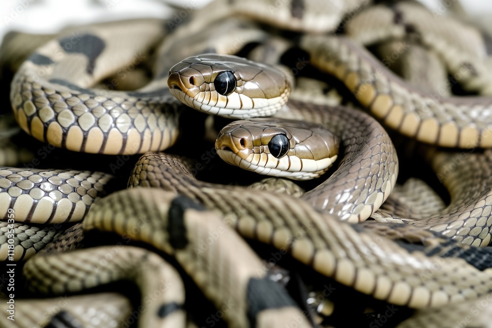 Poster a close-up shot of a snake curled around a pile of rocks, perfect for use in wildlife or nature-them