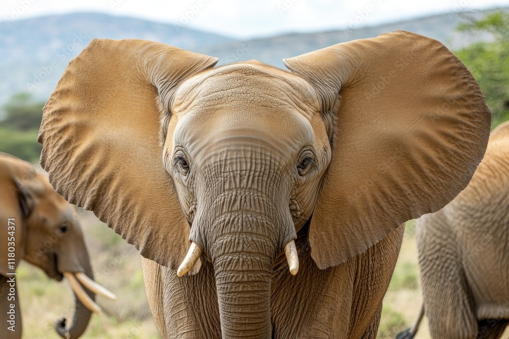 Poster close-up view of an elephant's face, surrounded by other elephants in the background