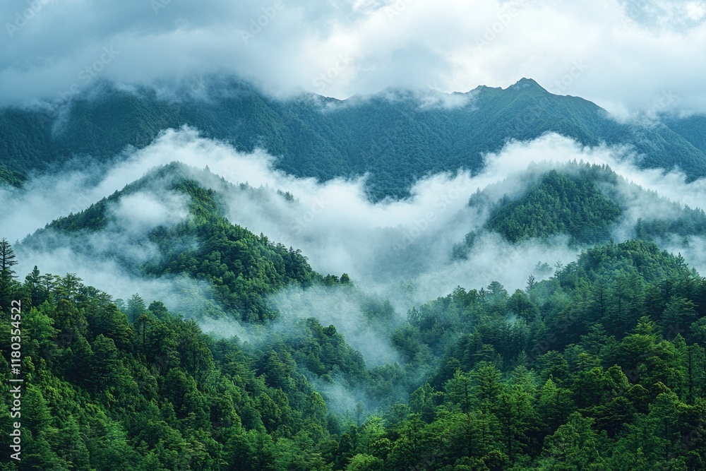 Aufkleber a serene landscape shot of a mountain shrouded in mist and clouds, perfect for use as a background o