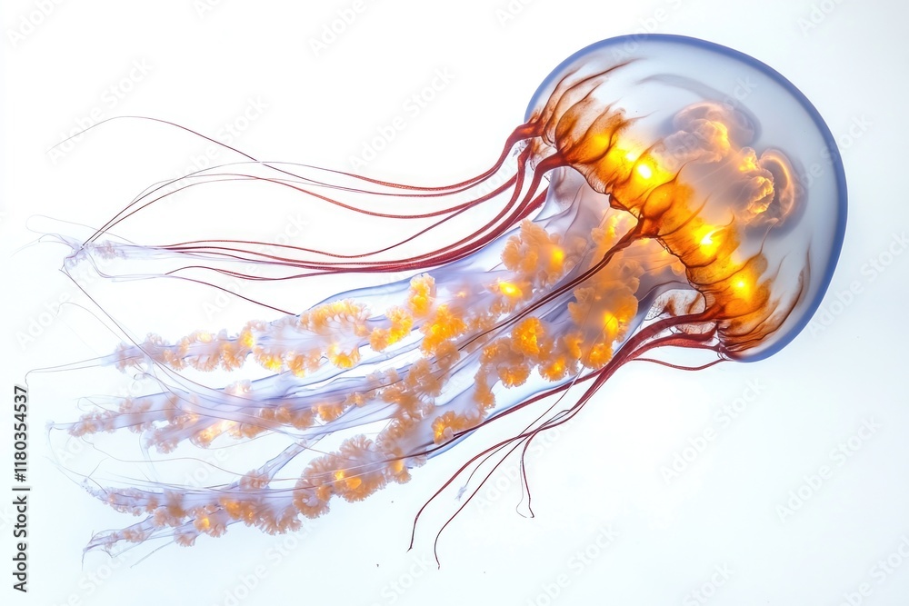 Poster a jellyfish floating in calm water with sunlight reflecting off its translucent body