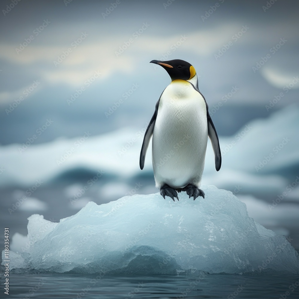 Poster a penguin standing on the edge of a piece of ice, a great image for weather or climate-related conte