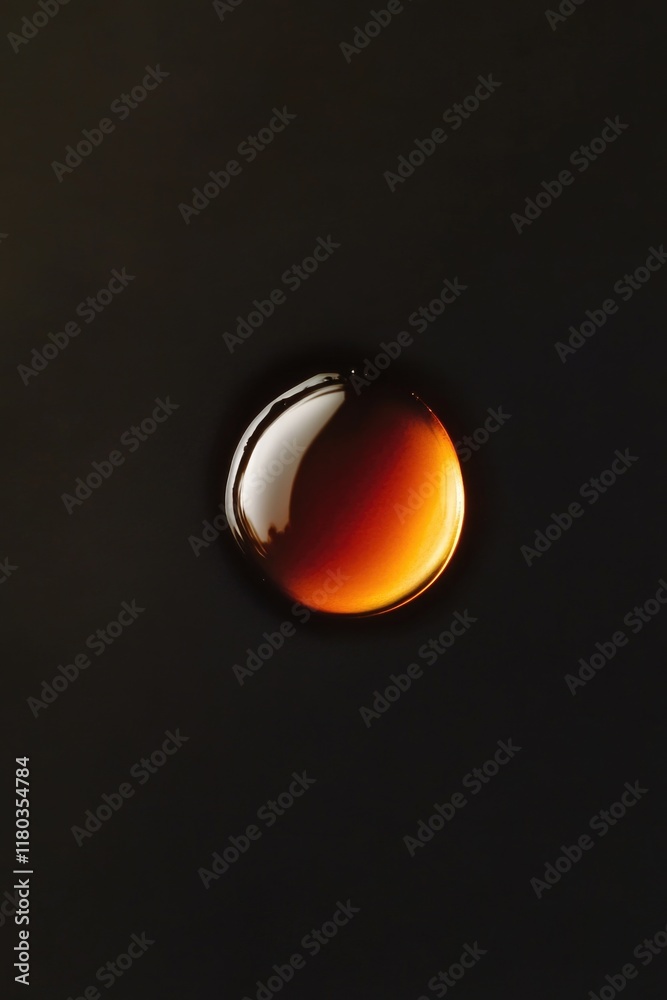 Poster close-up shot of a single liquid drop on a dark background, suitable for science and technology illu