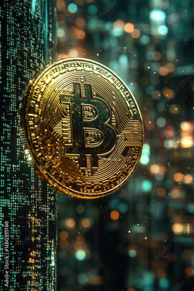 Poster a gold bitcoin icon sitting on a computer screen, often used for financial or technology-related the