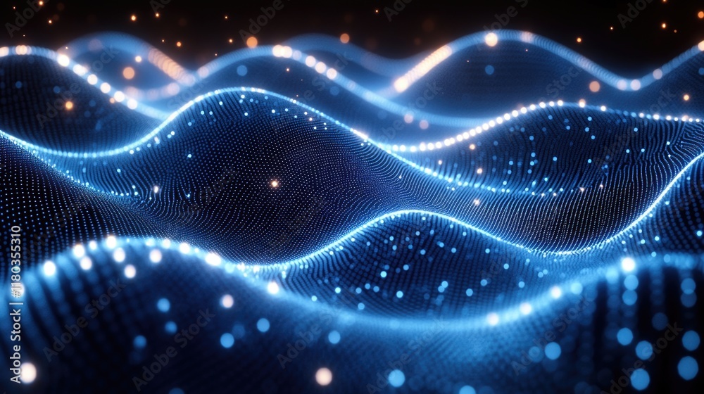 Poster an abstract representation of a wave made up of blue lights, suitable for use in illustrations and d