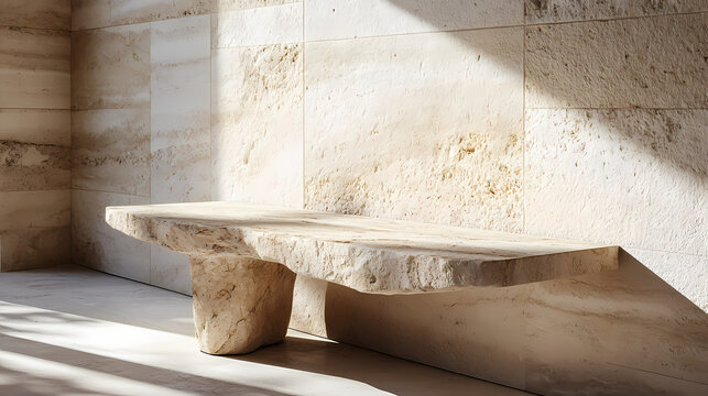 A closeup photo featuring a limestone table serving as a stone bench positioned alongside a limestone wall. Flamestone. Illustration